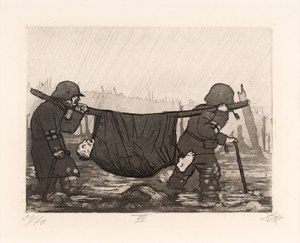 Otto Dix, Transport d’un blessé dans la forêt de Houthulst, gravure, 1924  &copy; © (Otto Dix) VG Bild-Kunst, Bonn Otto Dix, Transport d’un blessé dans la forêt de Houthulst, gravure, 1924 