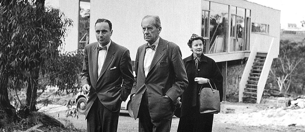 Harry Seidler with Walter & Ise Gropius in front of Seidler's design Julian Rose House, May 1954 | Photo by Max Dupain, first printed by Jill White 2003