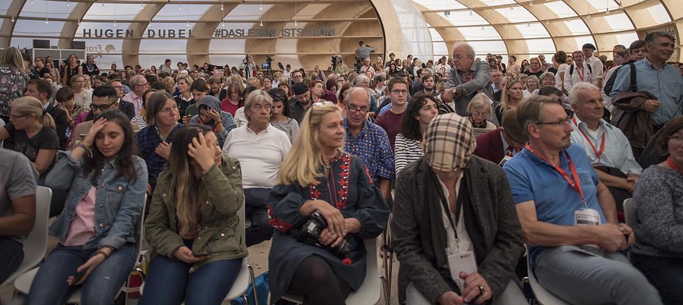 Visitors waiting in the Frankfurt Pavillion at Frankfurt Book Fair 2018