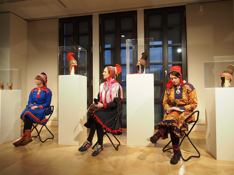 Iteration of the Miracle Workers-Collektive in Berlin. In the photo Sara Marielle Gaup Beaska, Outi Pieski and Lada Suomenrinne