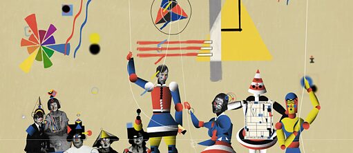 A collage of colours, geometrical figures, and cropped out portraits of the most prominent students of the Bauhaus