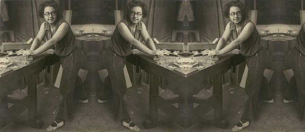 Wera Meyer-Waldeck (1906-1964) in der Tischlerei am Bauhaus Dessau, 1930.