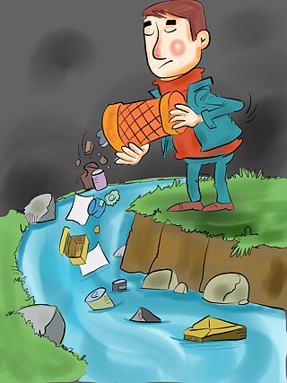 Drawing of a man emptying a bin in a river, already filled with rubbish, with his eyes closed.
