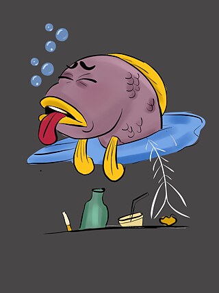 Drawing of a fish in grey polluted and rubbish-filled water, struggling to breathe.