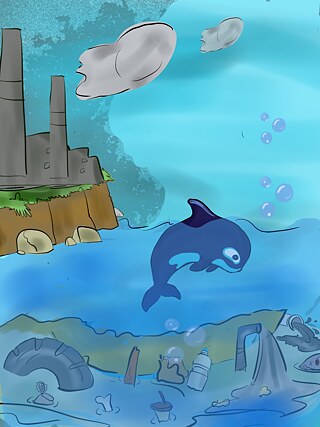 Drawing of an Orca in the ocean, in the background an industrial facility, the ocean floor is covered in waste.