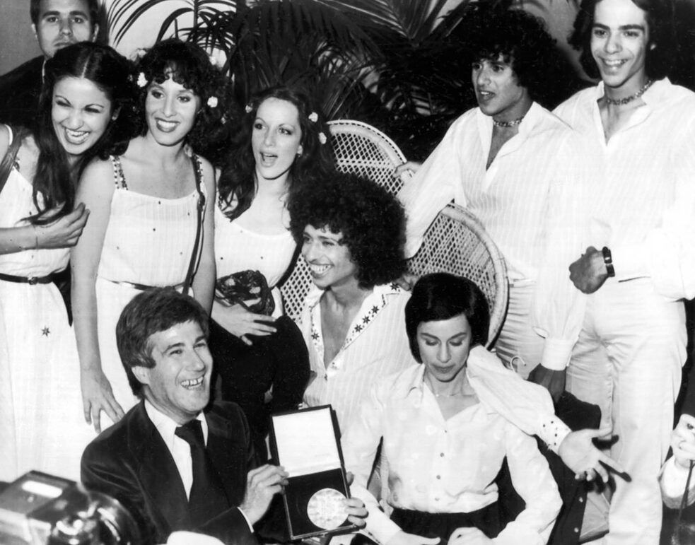 The Israeli music group Alpha Beta with their singer Izhar Cohen (middle) wins the Grand Prix d' Eurovision de la Chanson in Paris in 1978 with their song "A-Ba-Ni-Bi"