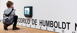 Obra de José Alejandro Restrepos "El cocodrilo de Humboldt no es el cocodrilo de Hegel" en la exposición "La naturaleza de las cosas", Humboldt Forum Berlin, 2019 