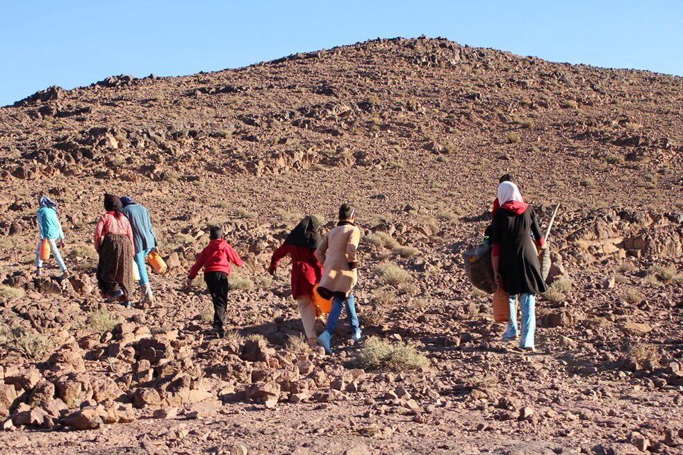 A group of seven people with their backs to the camera, walking up a dry hill with buckets in their hands.