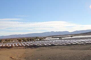 Dry landscape with cultivation of watermelons in the foreground.