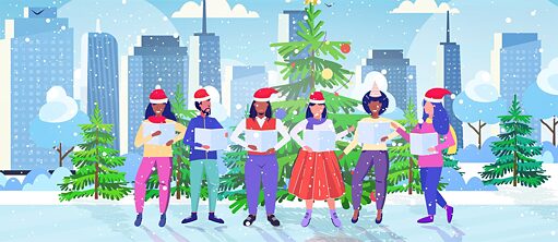 Un groupe de gens chantant dans une ville devant un sapin de Noël (dessin)