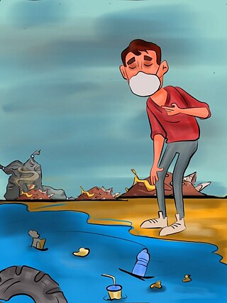 رسم لرجل يرتدي كمامة، وهو في وضعية الانحناء، ويتنفس بصعوبة على شاطئ مغطى بأكياس بلاستيكية مملوءة بالنفايات.