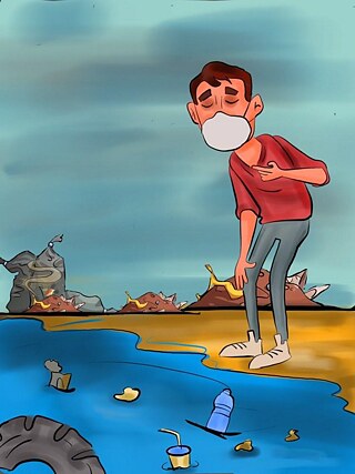 Drawing of a man wearing a mask, bending over, struggling to breathe on a beach covered in plastic bags filled with rubbish.