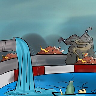 Drawing of water running through a pipe into a waste dump.