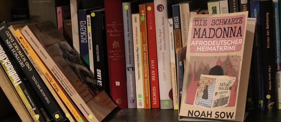 Einige Beispiele schwarzer deutscher Literatur in einem Bücherregal