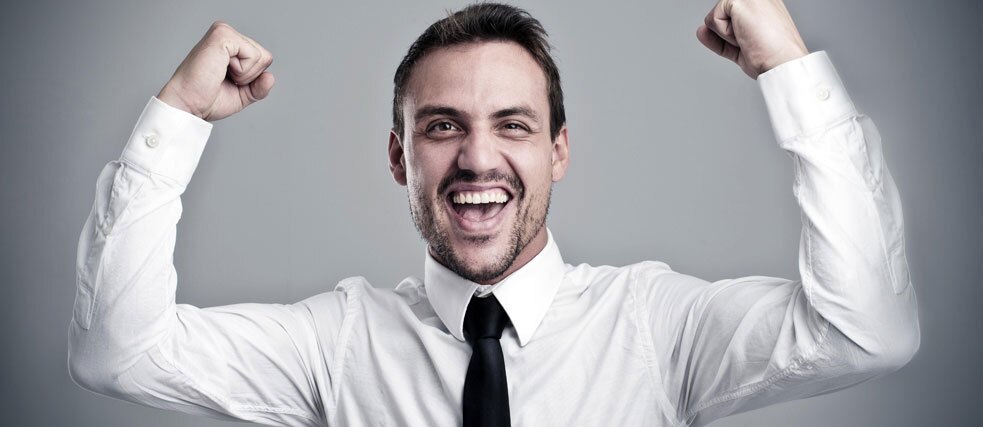 Success, Victory pose Young, laughing man with shirt and tie