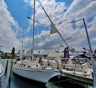 Sail Barbary Yacht in Marina - The electric charging station is based at the dock, and the yacht is recharged overnight.