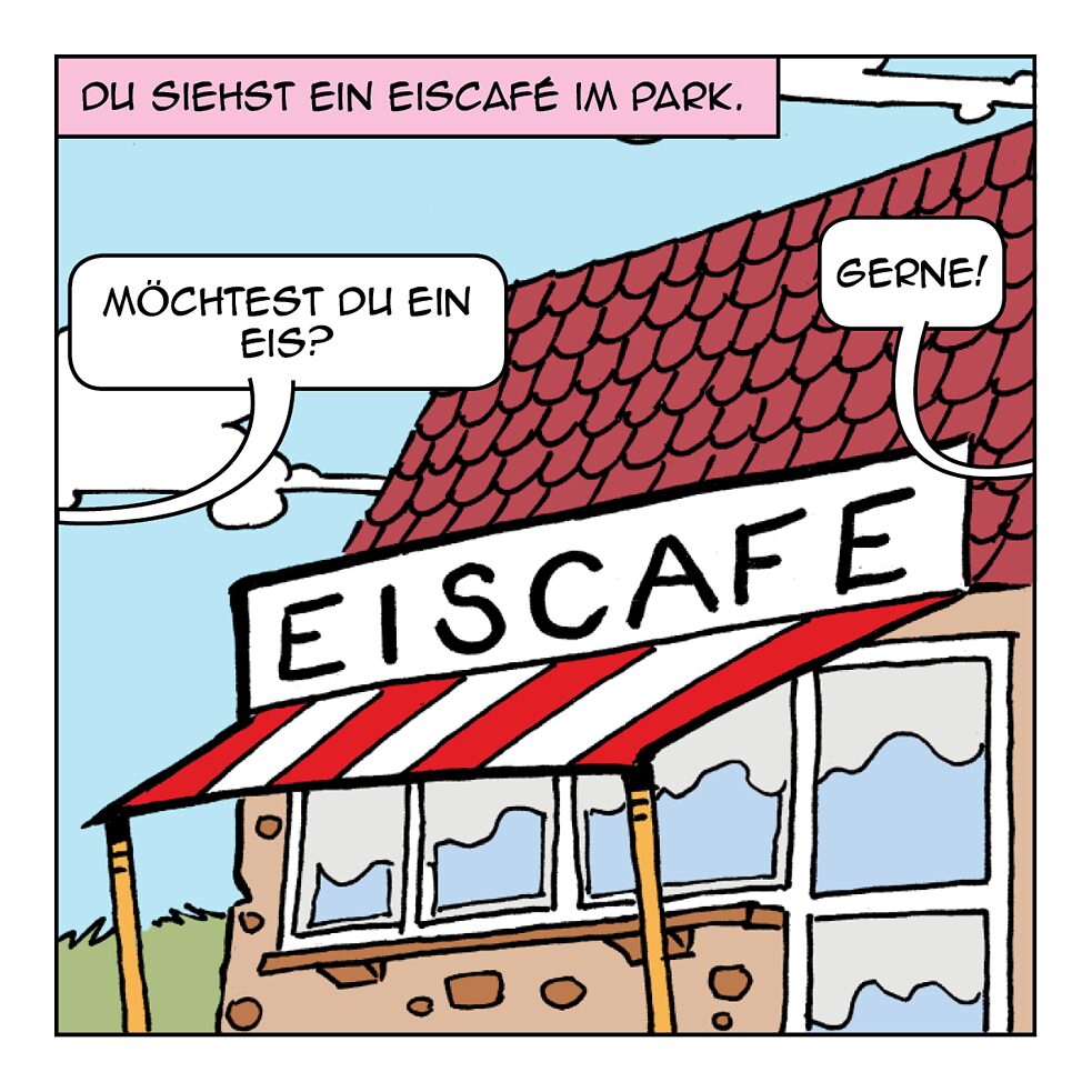 Du siehst ein Eiscafé im Park.