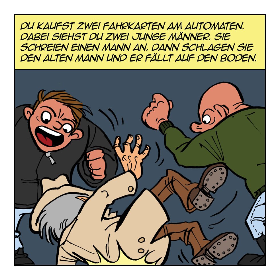 Du kaufst zwei Fahrkarten am Automaten.