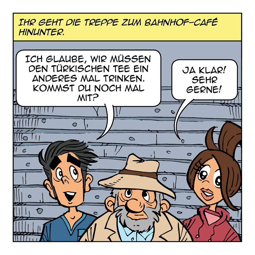 Ihr geht die Treppe zum Bahnhof-Café hinunter.