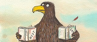 Zeichnung: Ein Adler hält zwei Bücher mit den Titeln West und East in den Flügeln.