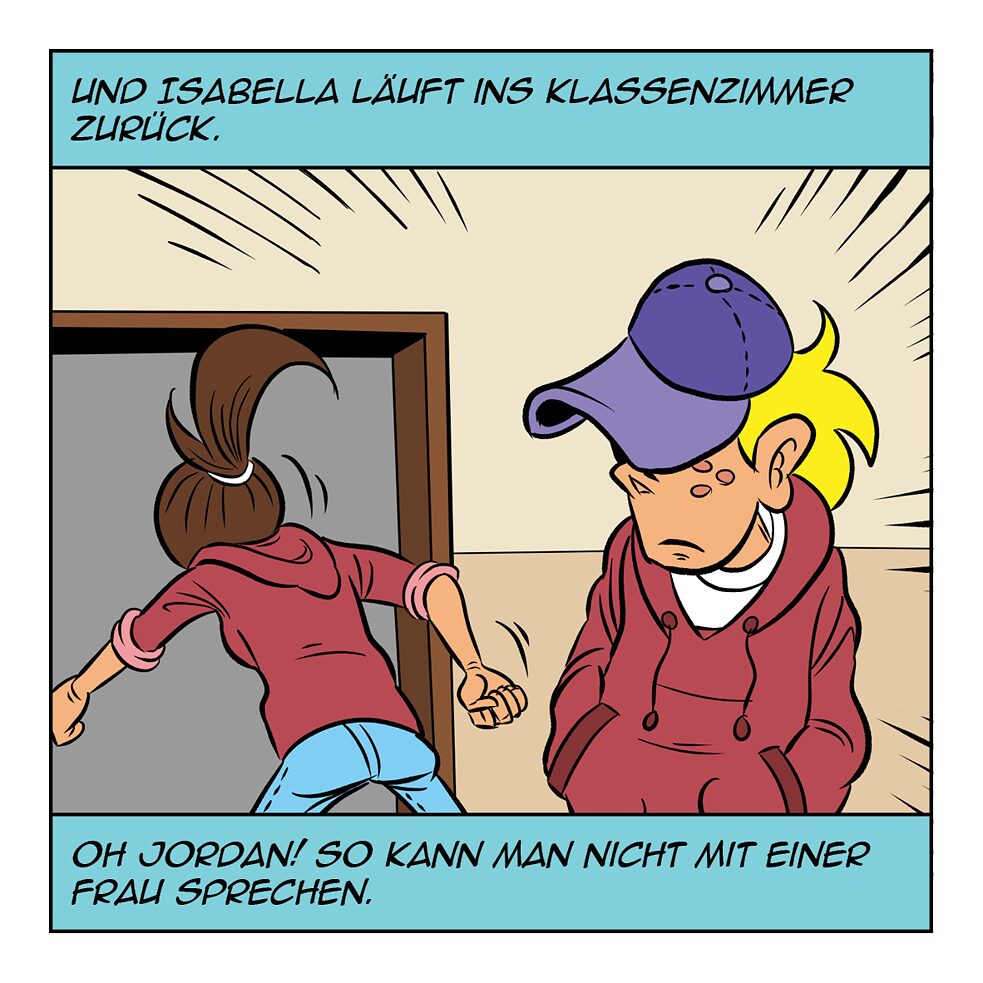 Und Isabella läuft ins Klassenzimmer zurück.