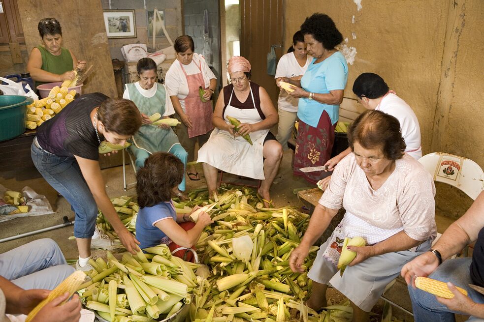 A group of far women peeling corn cobs, sao Francisco Xavier, Sao Paulo, Brazil, 2007
