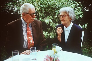 Erika Fuchs, first editor-in-chief of the German Micky Mouse Magazine, talking to Carl Barks, the creator of Donald Duck, in Munich in 1994.  