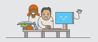 Illustration: Zwei fröhliche junge Menschen mit Büchern und Computer