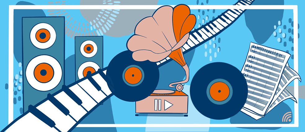 Musik - Illustration of grammophone, loudspeakers, music notes