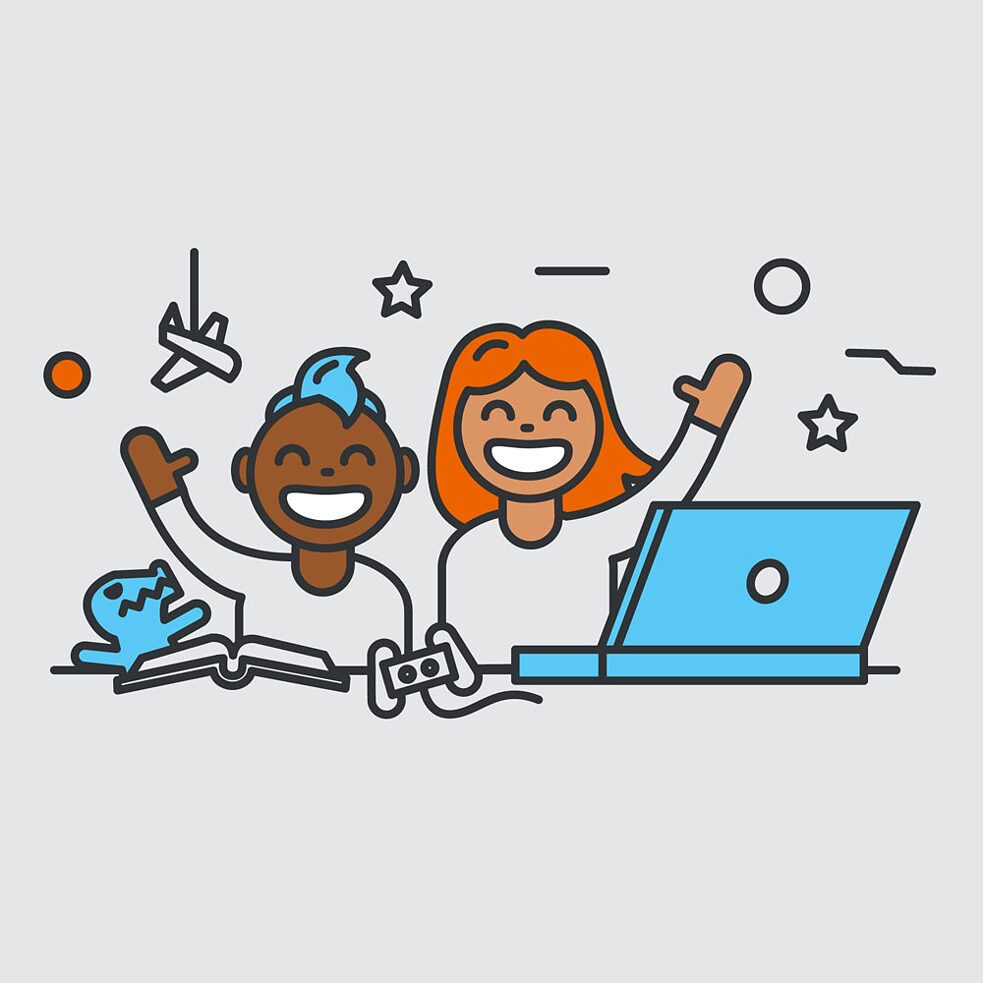 quadratische Illustration zweier Kinder vor dem Computer