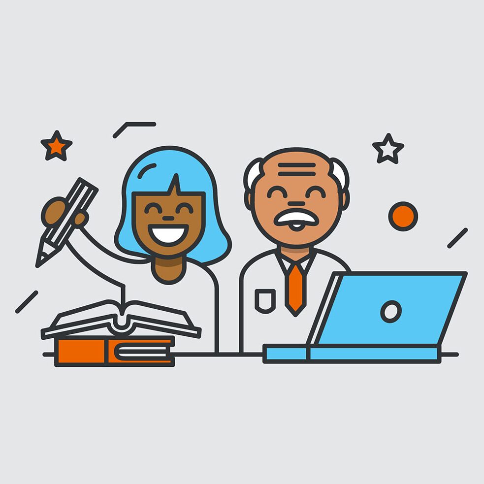 square illustration of a man and a woman infront of a computer