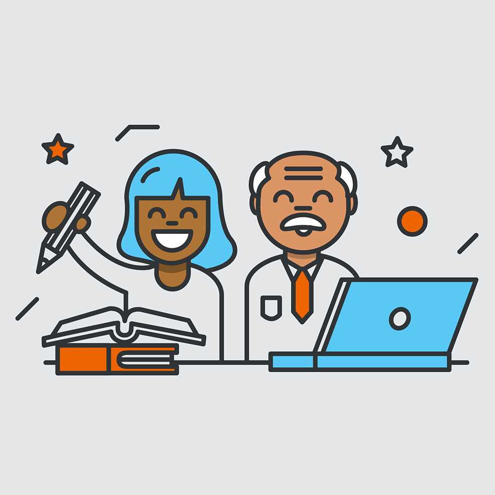 square illustration of a man and a woman infront of a computer