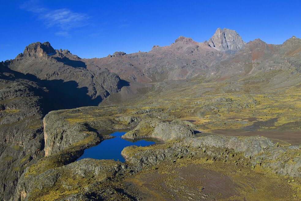 Latitude: Mount Kenya in Kenya. It is the second highest mountain in East Africa and lies practically exactly on the equator.  