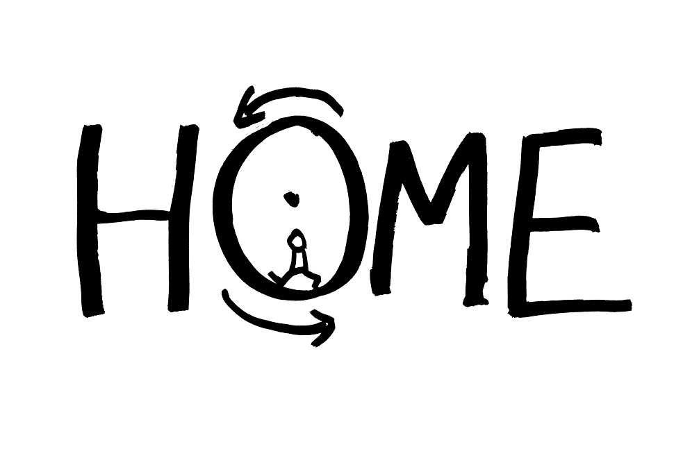The word home; black letters on white ground