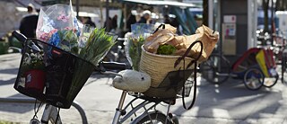 A bicycle with two baskets is filled with groceries.
