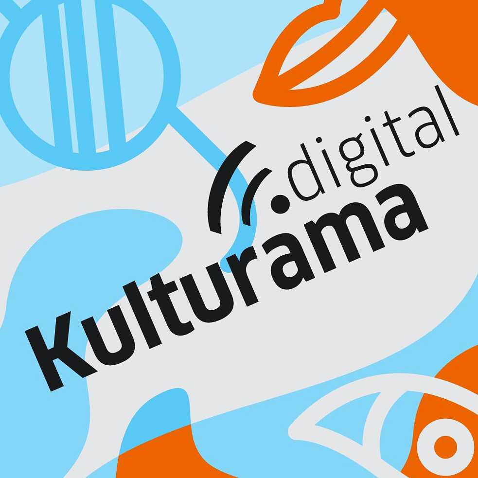 Logo von Kulturama.digital in blau-weiß-orange mit Brille, Auge und Mund im Hintergrund. 