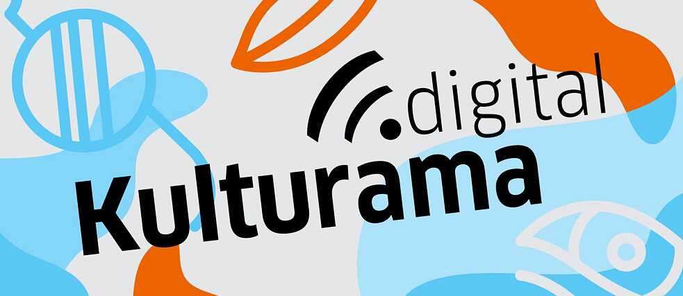 Der Titel Kulturama.digital wird auf einem blau-weiß-orangefarbenen Hintergrund angezeigt, der auch folgende Objekte enthält: eine Brille, ein Auge, ein Mund.