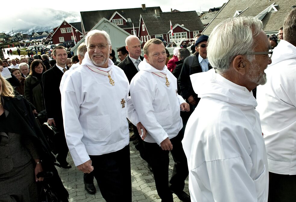 Denmark's former Prime Minister Lars Lokke Rasmussen (right) and Head of the former Danish Parliament Thor Pedersen arrive at the Cathedral of Nuuk, Denmark. In folk festivals around the Arctic island, Greenlanders, on 21 June 2009, celebrated a new chapter in their history, moving a further step away from Denmark's colonial rule. An agreement on extended autonomy entered into force on that date. Kalaallisut, the language of the native Inuit, has been the national language ever since; the Greenlandic government took over responsibility for police, justice and the coastguard, only foreign and defence policy continues to be determined by Denmark. Formally, the Danish Queen Margrethe II. remains the head of state of Greenland.