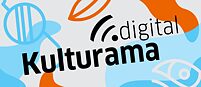 Der Titel Kulturama.digital wird auf einem blau-weiß-orangefarbenen Hintergrund angezeigt, der auch folgende Objekte enthält: eine Brille, ein Auge, ein Mund.