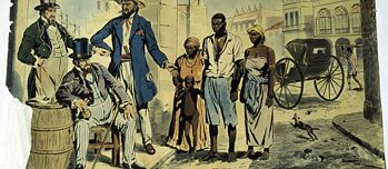 Venda de pessoas escravizadas nas ruas de Havana, Cuba, no século 19. Pintura na parede de uma escola (impressão colorida), 1950. 