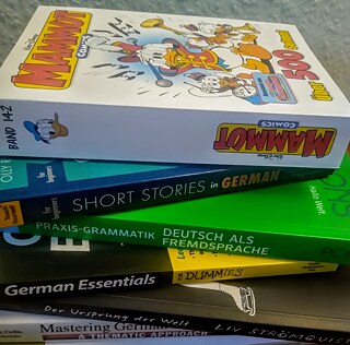 Various books for German study at home.