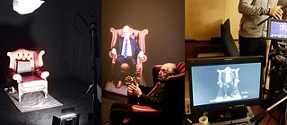 Die Collage zeigt Abba Naor in einem Sessel sitzend, und in der 3-D-Präsentation im Sessel sitzend.