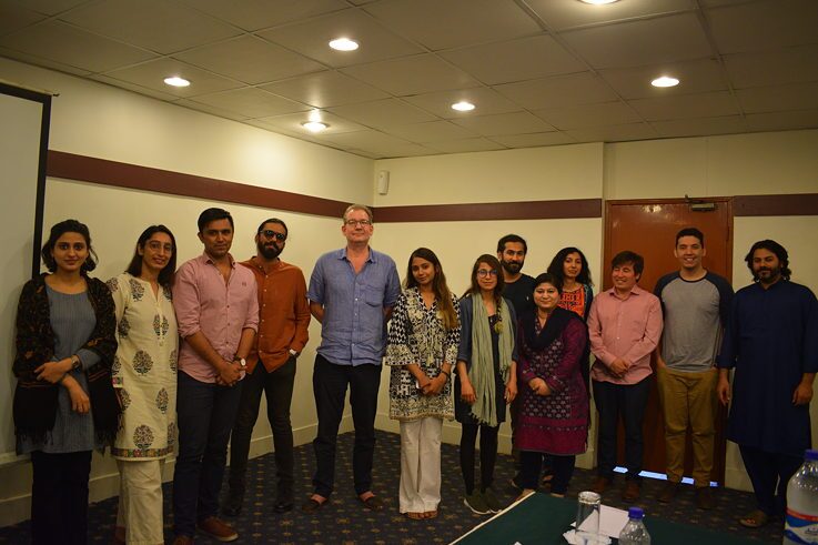 The whole group of young filmmakars with the trainers, Till Passow. From Left to right: Maryam Altaf, Nida Mehboob, Aaez Raza,Baber Sheikh,Till passow,Sheherzaad Siddiqui, Tamanna Ayyazi,Khurram Nawaz, Seemab gul, Ammara Khalid,Sadeq Naseri, Hamza Bangash & Samid Ali.