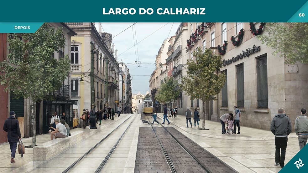 Bredere trottoirs, meer bomen en voorrang voor het openbaar vervoer: Zo zal de Largo do Calhariz er na de heraanleg uitzien.