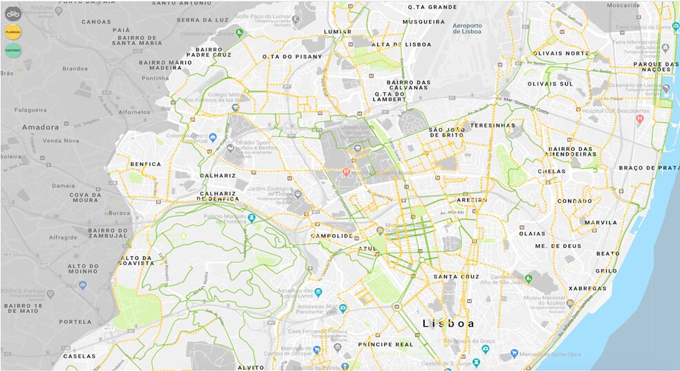 Rede ciclável de Lisboa: a verde as ciclovias já existentes, e a amarelo as que irão ser criadas no âmbito do projeto. 