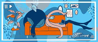 Илюстрациа на двама човека, които удобно седят на дивана