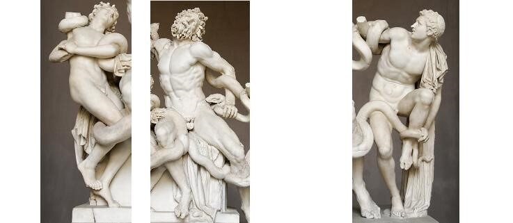 Laocoon et ses fils, marbre blanc, c. Ier s. av. J.-C., attribué à Agésandros, Athénodoros et Polydoros, 208 x 163 x 112 cm, Musées du Vatican (détails)