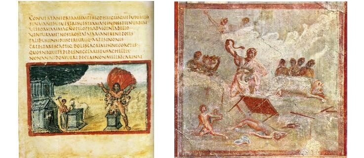 Links: Miniatur aus dem Vergilius Vaticanus, codex 3225 der Vatikanischen Apostolischen Bibliothek, 5. Jhdt. Rechts: Laokoon und seine Söhne, römische Freske aus dem Haus des Menandros, Pompeji, 5. Jhdt.
