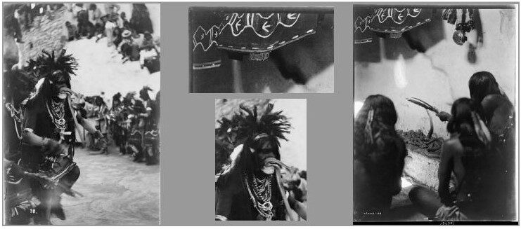 Links: Schlangenpriester der Hopi, mit einer Schlange im Mund während des Schlangentanzes, Hartwell and Hamaker, Arizona, 1899, (Ausschnitte). Rechts: Drei Hopi-Indianer mit einer Schlange, Edward S. Curtis, New Mexico, 1907 (Ausschnitte)