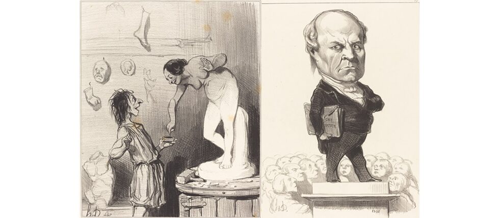 A gauche : Honoré Daumier, « Pygmalion », in Le Charivari, 28 décembre 1842, lithographie, 35,2 x 27,1 cm. A droite : Honoré Daumier, « C. H. Odilon Barrot », in Le Charivari, 17 janvier 1849, lithographie, 29,8 x 21,2 cm